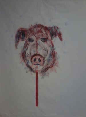 The sacrifice<br />The severed head of the pig. I present it fully alive and imposing. It is the vehicle of the Lord of the Flies and consequently of his prophecies.